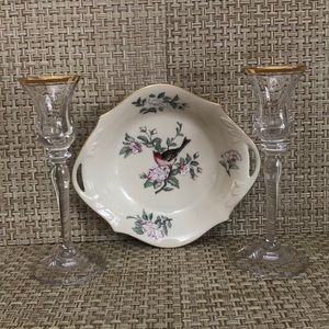 Bundle Lenox Serenade Candy Dish And Pair Of  Glass Candlesticks With Gold Trim